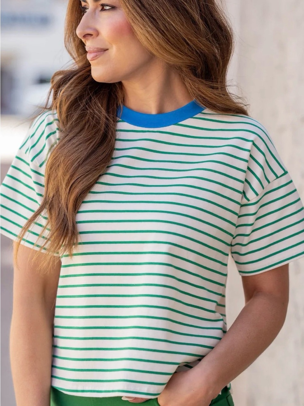 Things between Short Sleeve Tee in White with Green Stripes and blue L